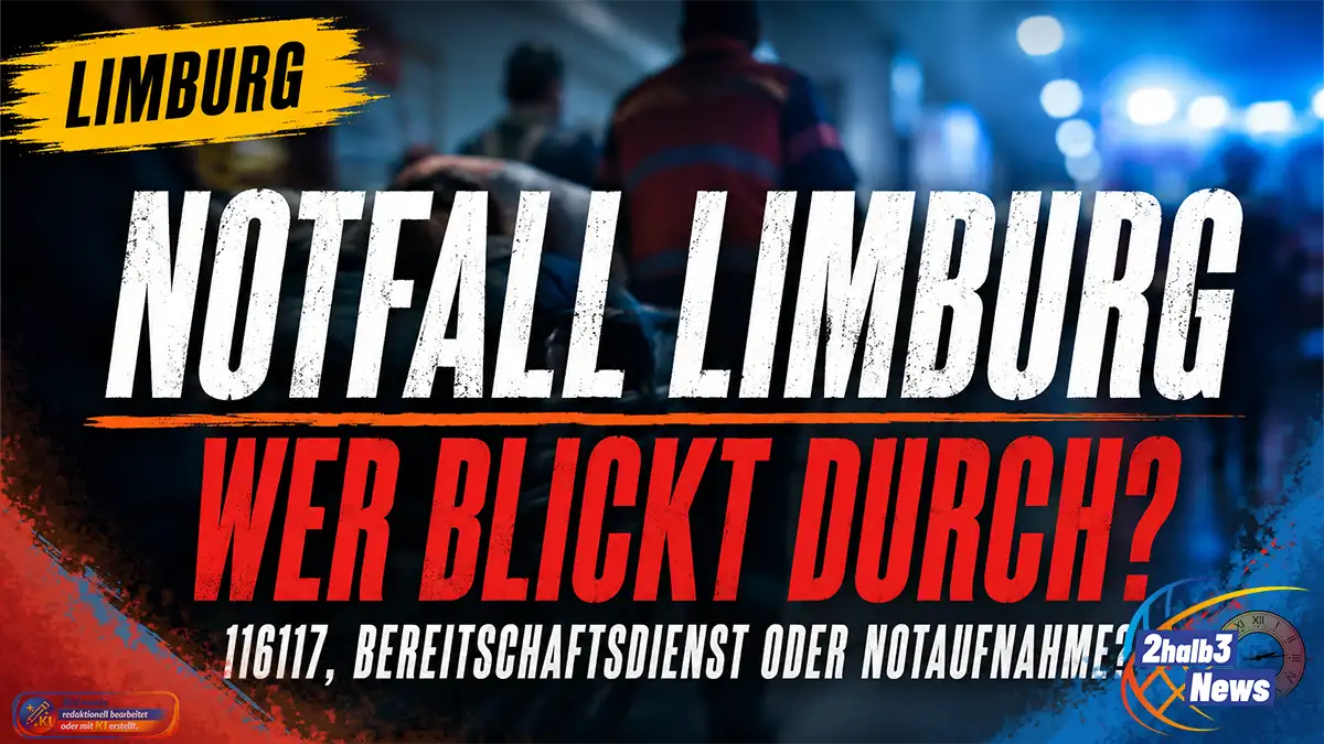 Rettungsdienst-Szene in Limburg mit Trage und Blaulicht, dazu die Frage nach Notaufnahme, 116117 und Bereitschaftsdienst.