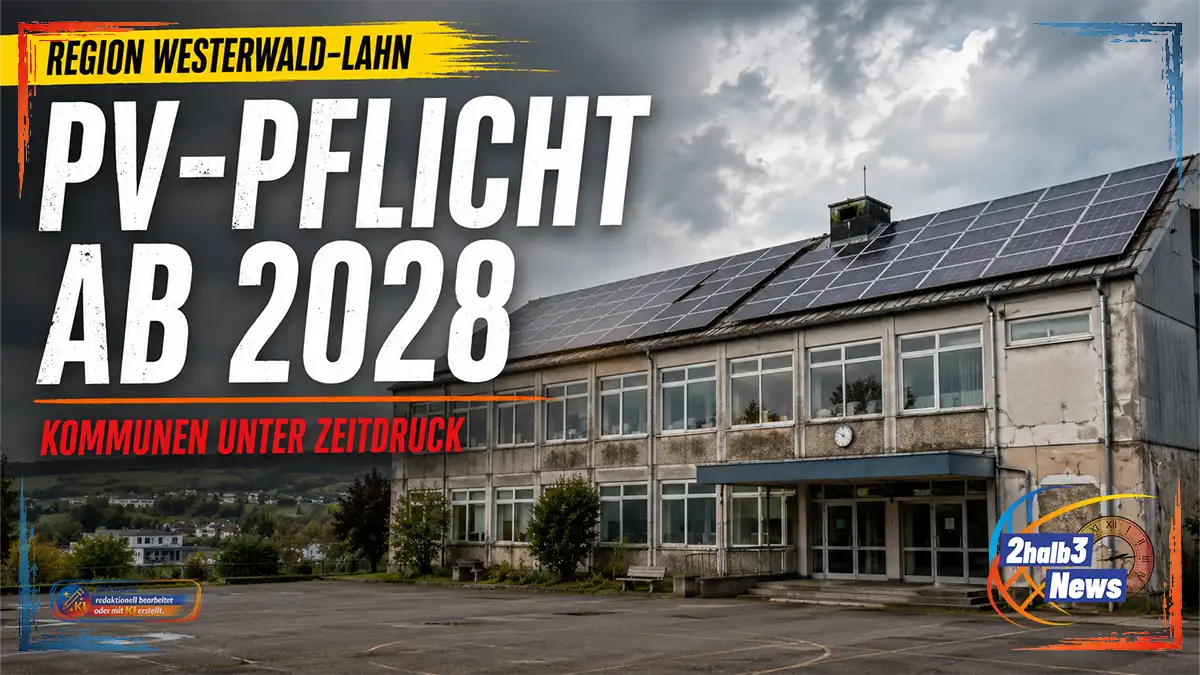 Nachrichtengrafik zur neuen PV-Pflicht für kommunale Gebäude. Zu sehen ist ein älteres öffentliches Gebäude mit großflächigen Photovoltaikmodulen auf dem Dach unter dunklen, wolkenverhangenen Himmel. Links steht im gelben Ortsbalken „Region Westerwald–Lahn“. Darunter lautet die große weiße Headline „PV-Pflicht ab 2028“, ergänzt durch die rote Zeile „Kommunen unter Zeitdruck“. Das Motiv verweist auf die Konflikte rund um Sanierungsstau, Statik, Finanzierung und die schrittweise Solarpflicht für öffentliche Gebäude.