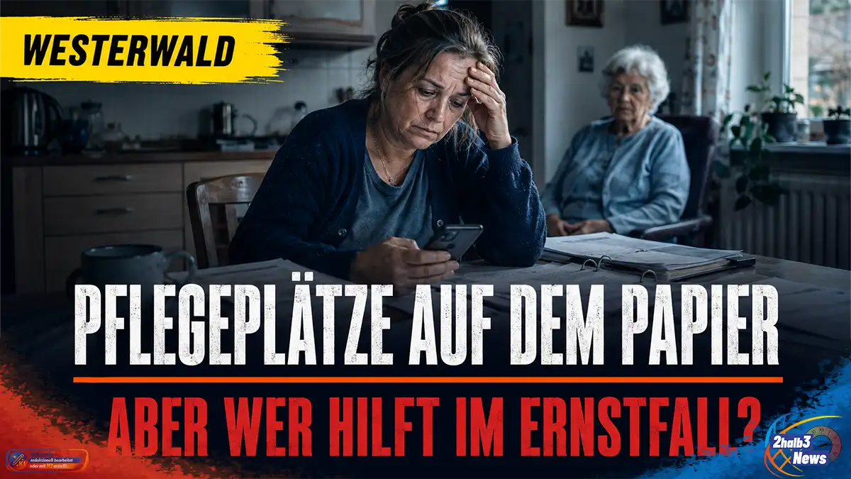 Erschöpfte pflegende Angehörige sitzt an einem Küchentisch, während im Hintergrund eine ältere Person unscharf zu sehen ist. Die Grafik trägt die Überschrift: „Pflegeplätze auf dem Papier – aber wer hilft im Ernstfall?“