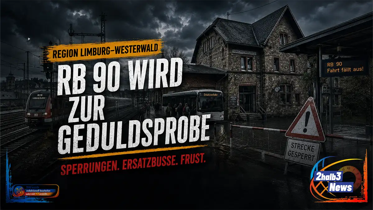 2halb3-News-Grafik zur RB 90 mit Regionalzug, Bahnsteig, Ersatzbus und gesperrtem Bahnübergang vor einer Bahnhofskulisse. Über der Szene liegen schwere Gewitterwolken. Der gelbe Ortsbalken trägt „Region Limburg–Westerwald“, die große weiße Schlagzeile lautet „RB 90 wird zur Geduldsprobe“. Darunter steht in Rot „Sperrungen. Ersatzbusse. Frust.“ Die Grafik verweist auf die für 2027 geplanten umfangreichen Bauarbeiten mit neuen Stellwerken, Arbeiten an Bahnübergängen und längeren Sperrphasen auf der Verbindung zwischen Limburg und Westerburg.