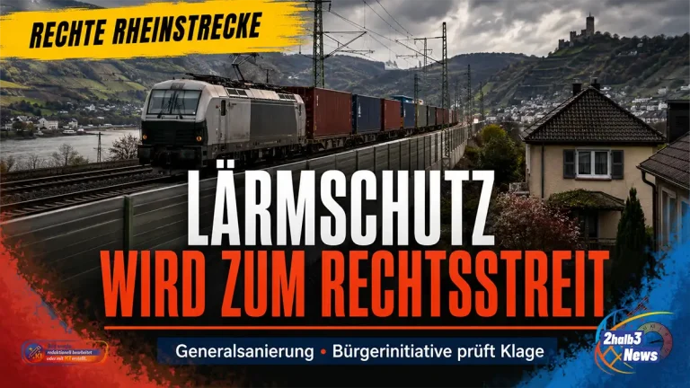 Dramatische 2halb3-Nachrichtengrafik zur rechten Rheinstrecke: Ein langer Güterzug fährt auf der elektrifizierten Bahntrasse durch das enge Rheintal. Direkt neben den Gleisen stehen Wohnhäuser, teilweise nur durch Lärmschutzwände von der Strecke getrennt. Im Hintergrund sind Rhein, steile Hänge, Ortschaften und eine Burganlage zu sehen. Dunkle Wolken verstärken die angespannte Bildwirkung. Über dem Motiv steht auf gelbem Balken „Rechte Rheinstrecke“, darunter die Schlagzeile „Lärmschutz wird zum Rechtsstreit“. Ein Infobalken verweist auf die Generalsanierung und die von einer Bürgerinitiative geprüfte Klage.