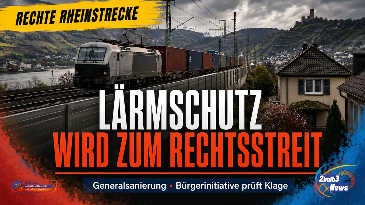 Dramatische 2halb3-Nachrichtengrafik zur rechten Rheinstrecke: Ein langer Güterzug fährt auf der elektrifizierten Bahntrasse durch das enge Rheintal. Direkt neben den Gleisen stehen Wohnhäuser, teilweise nur durch Lärmschutzwände von der Strecke getrennt. Im Hintergrund sind Rhein, steile Hänge, Ortschaften und eine Burganlage zu sehen. Dunkle Wolken verstärken die angespannte Bildwirkung. Über dem Motiv steht auf gelbem Balken „Rechte Rheinstrecke“, darunter die Schlagzeile „Lärmschutz wird zum Rechtsstreit“. Ein Infobalken verweist auf die Generalsanierung und die von einer Bürgerinitiative geprüfte Klage.