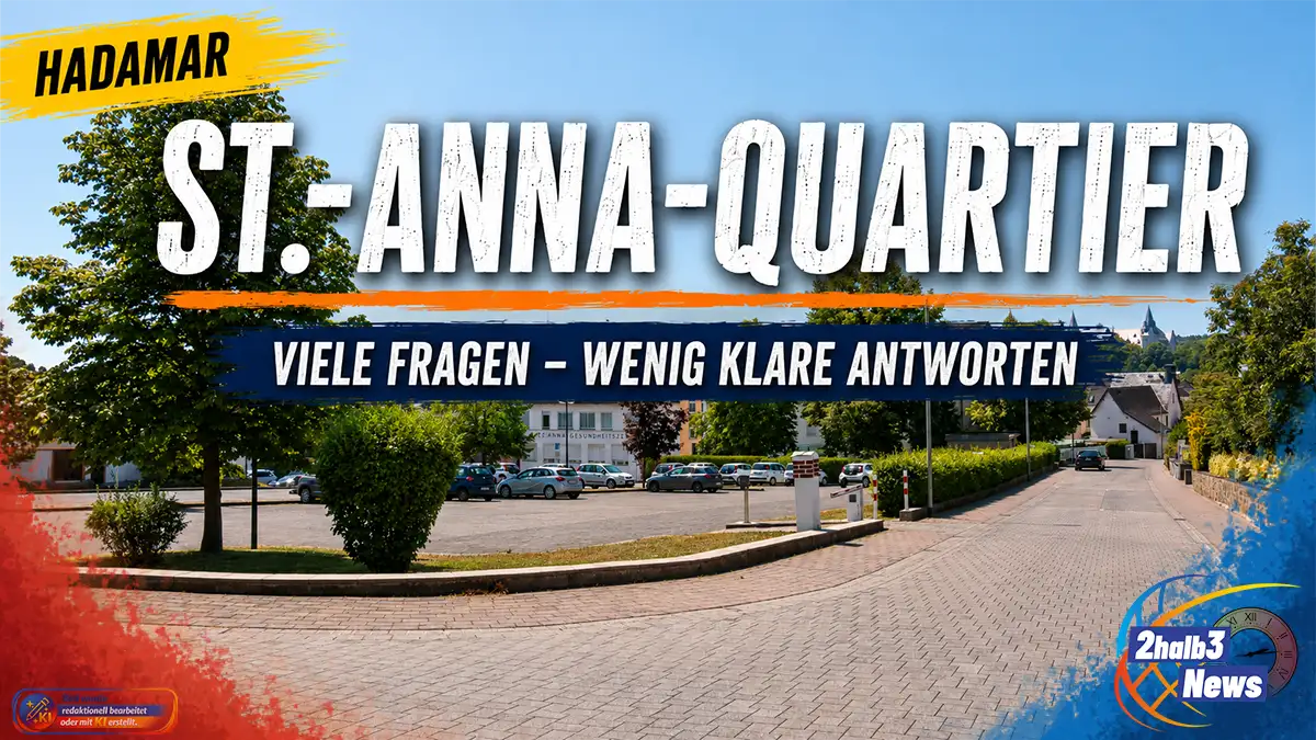 Grafik zum geplanten St.-Anna-Quartier in Hadamar. Im Hintergrund sind das Gelände der Sozial-Station St. Anna, mehrere Gebäude, der Parkplatz, Bäume sowie die Zufahrtsstraße zu sehen. Darüber stehen die Texte „Hadamar“, „St.-Anna-Quartier“ und „Viele Fragen – wenig klare Antworten“. Die Gestaltung nutzt den typischen 2halb3-Stil mit gelber Ortstafel, weißer Hauptzeile, dunkelblauem Textbalken sowie blauen und roten Farbecken.