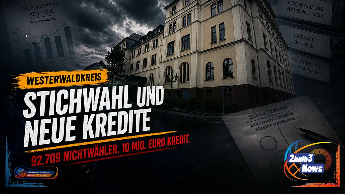 Dunkle, investigativ gestaltete 2halb3-News-Grafik zur Stichwahl um das Landratsamt im Westerwaldkreis. Im Hintergrund ist die Kreisverwaltung in Montabaur zu sehen. Darüber liegen dezent Elemente aus Haushaltsplanung und Finanzunterlagen sowie ein Stimmzettel zur Landrats-Stichwahl. Im gelben Ortsbalken steht „Westerwaldkreis“. Die große weiße, perspektivisch gesetzte Headline lautet „Stichwahl und neue Kredite“. Darunter steht in Rot: „92.709 Nichtwähler. 10 Mio. Euro Kredit.“ Die Gestaltung verbindet die Wahlentscheidung mit der angespannten Finanzentwicklung des Kreises.