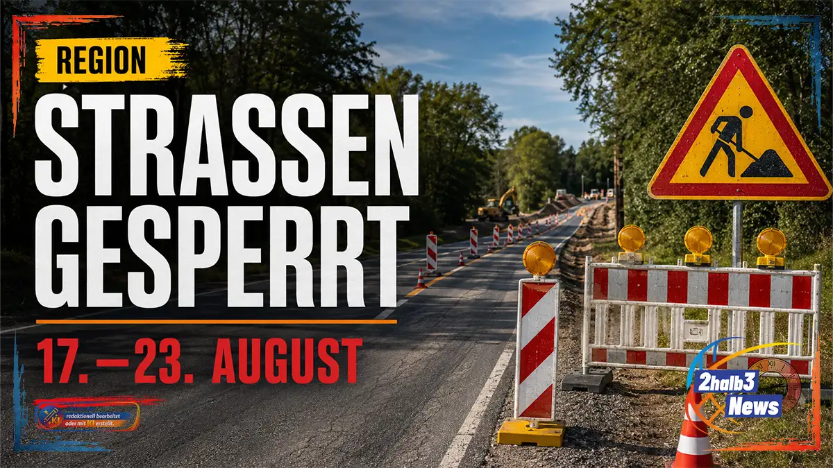 Grafische Illustration zu Straßensperrungen in der Region: Eine mit Warnbaken und Leitkegeln gesicherte Baustelle auf einer Landstraße. Darüber steht „Straßen gesperrt – 17.–23. August“. Das Motiv verweist auf die aktuelle Übersicht mit Vollsperrungen, Umleitungen und Baustellen in fünf Landkreisen.