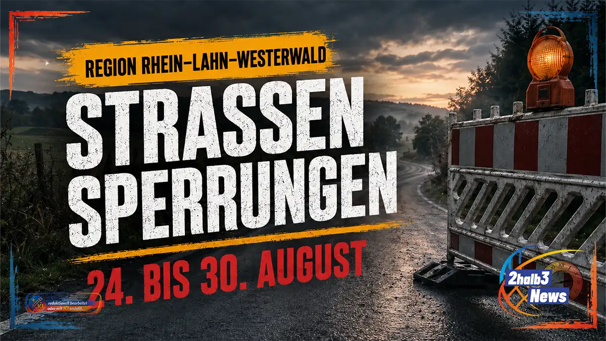 Eine gesperrte Landstraße im Westerwald-Lahn-Gebiet bei dunklem Himmel. Im Vordergrund stehen rot-weiße Baustellenabsperrungen mit gelber Warnleuchte. Darüber steht: „Region Rhein-Lahn-Westerwald – Straßensperrungen – 24. bis 30. August“.