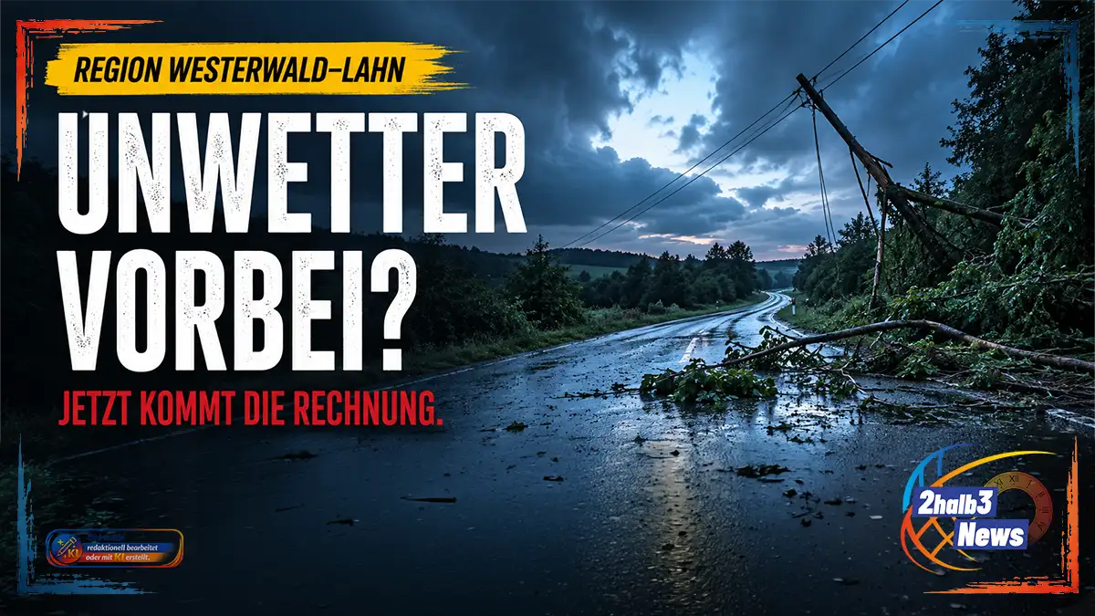 Sturmschäden im Westerwald: Eine nasse Landstraße führt durch eine dunkle Hügellandschaft. Umgestürzte Äste und beschädigte Stromleitungen liegen am Straßenrand. Darüber stehen die Texte „Unwetter vorbei?“ und „Jetzt kommt die Rechnung.“