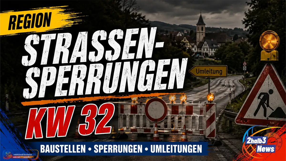 News-Motiv zu Straßensperrungen in KW 32: Auf einer nassen Landstraße im Westerwald sperren Baustellenbaken, Warnleuchten, Verkehrskegel und ein Umleitungsschild die Fahrbahn. Im Hintergrund ist ein Ort mit Kirchturm unter dunklem Himmel zu sehen. Große Schlagzeile: „Straßensperrungen KW 32“, dazu der Hinweis „Baustellen • Sperrungen • Umleitungen“.