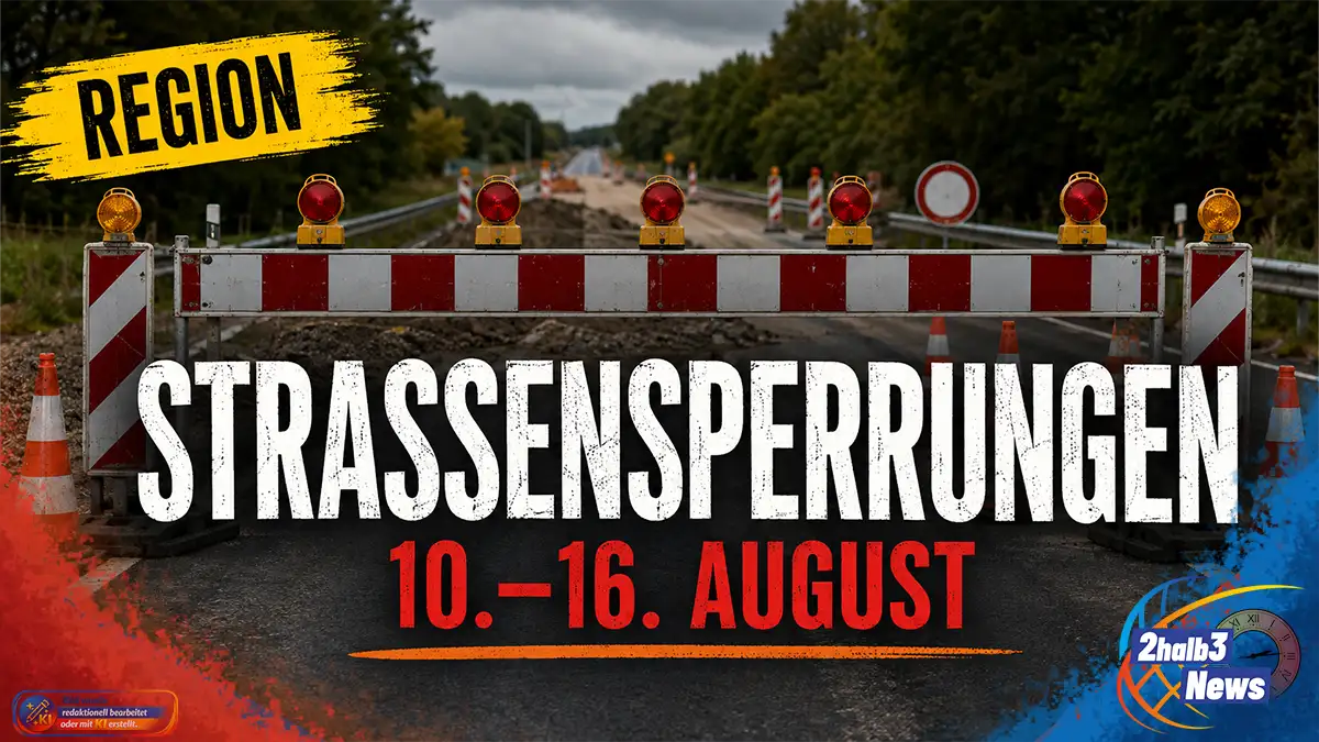Voll gesperrte Straße mit rot-weißen Warnbaken und der Aufschrift „Straßensperrungen 10.–16. August“.
