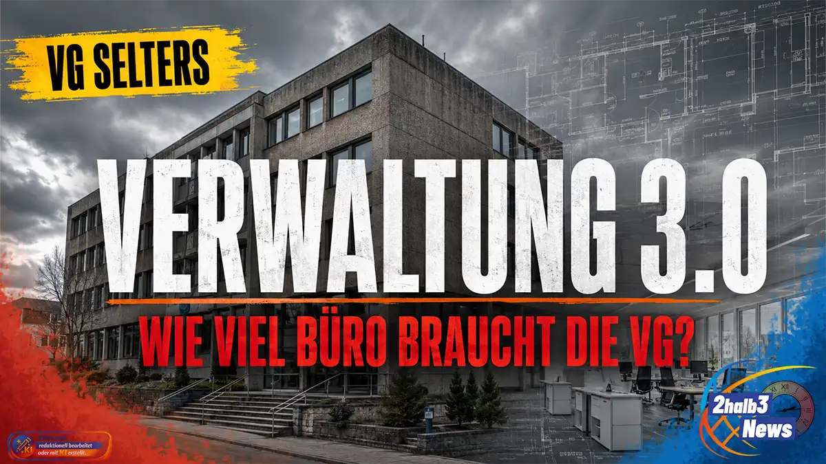 Grafik zur „Verwaltung 3.0“ der VG Selters mit Rathaus und modernen Büroelementen. Im Mittelpunkt steht die Frage: „Wie viel Büro braucht die VG?“