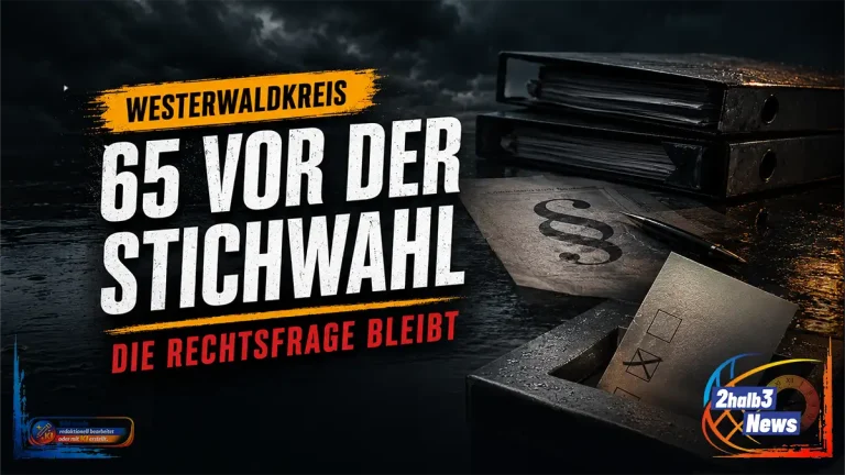 Dunkle, investigative 16:9-Grafik zur Landratswahl im Westerwaldkreis. Vor stürmischem Himmel liegen schwarze Aktenordner, ein Gesetzesblatt mit Paragrafenzeichen und ein Stimmzettel in einer Wahlurne. Im gelben Ortsbalken steht „Westerwaldkreis“, darunter die weiße Headline „65 vor der Stichwahl“ und die rote Zeile „Die Rechtsfrage bleibt“.