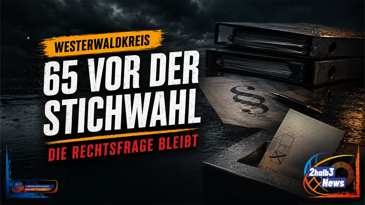 Dunkle, investigative 16:9-Grafik zur Landratswahl im Westerwaldkreis. Vor stürmischem Himmel liegen schwarze Aktenordner, ein Gesetzesblatt mit Paragrafenzeichen und ein Stimmzettel in einer Wahlurne. Im gelben Ortsbalken steht „Westerwaldkreis“, darunter die weiße Headline „65 vor der Stichwahl“ und die rote Zeile „Die Rechtsfrage bleibt“.