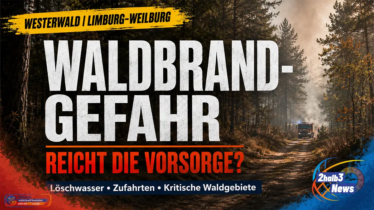 Symbolbild zur Waldbrandgefahr im Westerwald und im Kreis Limburg-Weilburg. Zu sehen ist ein trockener, teils verraucht wirkender Mischwald mit einem unbefestigten Waldweg. Im Hintergrund fährt ein Feuerwehrfahrzeug mit Blaulicht durch den Wald. Die Grafik trägt die Überschrift „Waldbrandgefahr – Reicht die Vorsorge?“ sowie den Hinweis „Löschwasser • Zufahrten • Kritische Waldgebiete“. Die Darstellung verweist auf die Frage, wie gut Feuerwehren, Forst und Kommunen auf längere Trockenperioden und mögliche Waldbrände vorbereitet sind.