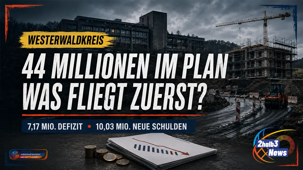 Dunkle 2halb3-Grafik zum Haushalt 2026 des Westerwaldkreises: Baustelle, Kreisstraße, Verwaltungsgebäude, Haushaltsunterlagen und Münzen. Im Bild steht: „44 Millionen im Plan – was fliegt zuerst?“ Genannt werden 7,17 Millionen Euro Defizit und 10,03 Millionen Euro neue Schulden.