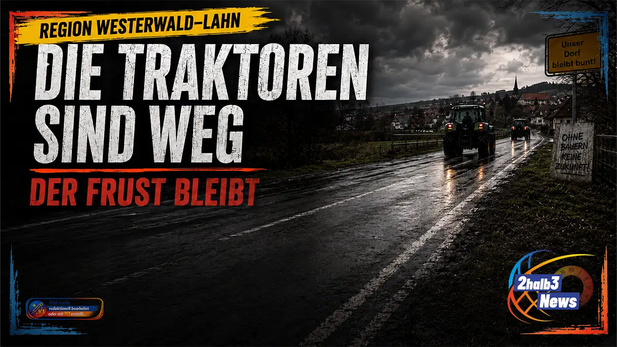 Grafik zur Lage der Landwirtschaft in der Region Westerwald–Lahn: Auf einer nassen Landstraße fahren mehrere Traktoren bei dunklem, wolkenverhangenem Himmel in Richtung eines Dorfes. Rechts stehen ein gelbes Schild mit der Aufschrift „Unser Dorf bleibt bunt!“ und ein handbeschriftetes Protestplakat „Ohne Bauern keine Zukunft!“. Links dominiert die weiße Headline „Die Traktoren sind weg“, darunter die rote Zeile „Der Frust bleibt“. Oben links kennzeichnet ein gelber Pinselbalken das Thema als „Region Westerwald–Lahn“.