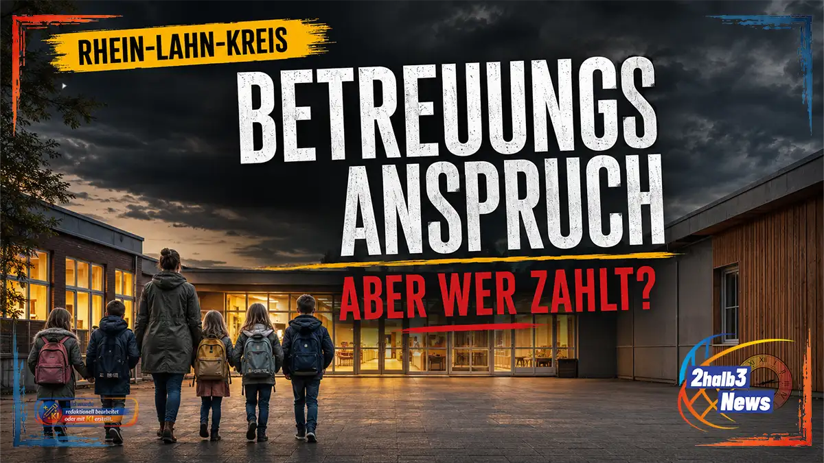 Grafik zum Thema Ganztagsförderung im Rhein-Lahn-Kreis: Mehrere Kinder mit Rucksäcken gehen gemeinsam mit einer erwachsenen Betreuungsperson auf ein modern beleuchtetes Schulgebäude zu. Über der dramatisch dunklen Wolkenkulisse steht auf gelbem Pinselstreifen „Rhein-Lahn-Kreis“. Die große weiße Überschrift lautet „Betreuung auf Anspruch“, darunter in roter Schrift: „Aber wer zahlt?“.