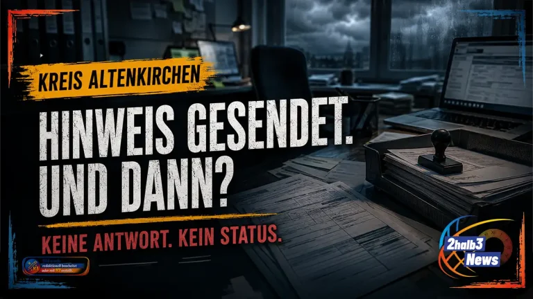 Dunkle, fotorealistische Büro-Szene mit Aktenordnern, Formularen, Laptop, Dokumentenablage und Stempel vor einem regnerischen Fenster. Ein gelber Pinselbalken trägt den Ortsnamen „KREIS ALTENKIRCHEN“. Darüber liegt die große weiße Headline „HINWEIS GESENDET. UND DANN?“, darunter eine rote Zeile: „KEINE ANTWORT. KEIN STATUS.“ Die Grafik symbolisiert die fehlende Nachvollziehbarkeit beim neuen Bürokratiemelder des Kreises.