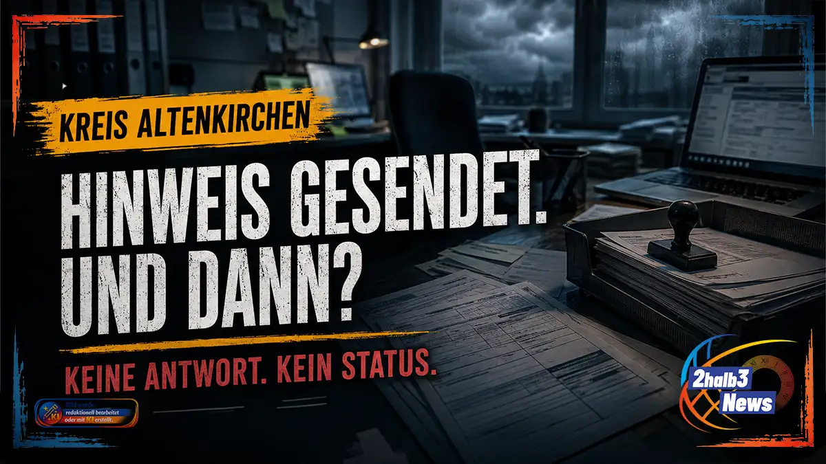 Dunkle, fotorealistische Büro-Szene mit Aktenordnern, Formularen, Laptop, Dokumentenablage und Stempel vor einem regnerischen Fenster. Ein gelber Pinselbalken trägt den Ortsnamen „KREIS ALTENKIRCHEN“. Darüber liegt die große weiße Headline „HINWEIS GESENDET. UND DANN?“, darunter eine rote Zeile: „KEINE ANTWORT. KEIN STATUS.“ Die Grafik symbolisiert die fehlende Nachvollziehbarkeit beim neuen Bürokratiemelder des Kreises.