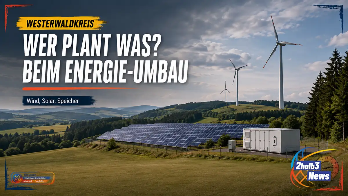 Dramatische Westerwald-Landschaft mit Windenergieanlagen, großem Solarpark und Batteriespeicher. Darüber die Schlagzeile „Wer plant was? Beim Energie-Umbau“ sowie der Hinweis „Wind, Solar, Speicher“.