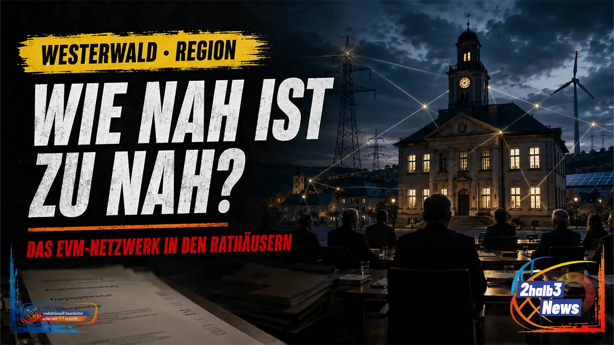 Dunkle investigative 16:9-Grafik zum kommunalpolitischen Netzwerk der evm. Ein gelber Pinselbalken trägt die Aufschrift „Westerwald · Region“. Darunter steht in großer weißer Schrift „Wie nah ist zu nah?“, gefolgt von der roten Zeile „Das evm-Netzwerk in der Kommunalpolitik“. Akten, eine anonymisierte Sitzungsszene, Stromleitungen, Windkraft- und Solarelemente sowie leuchtende Verbindungslinien symbolisieren das Geflecht zwischen Energieunternehmen und kommunalen Amtsträgern. Erkennbare Gebäude oder Orte sind nicht dargestellt.