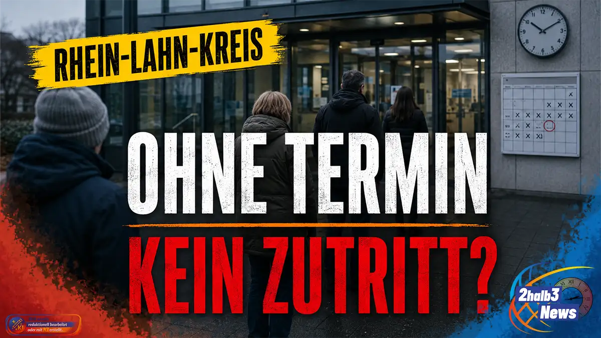 Eingang einer Kreisverwaltung mit Uhr- und Kalendersymbolik. Darüber stehen „Rhein-Lahn-Kreis“ und die zugespitzte Frage: „Ohne Termin – kein Zutritt?“