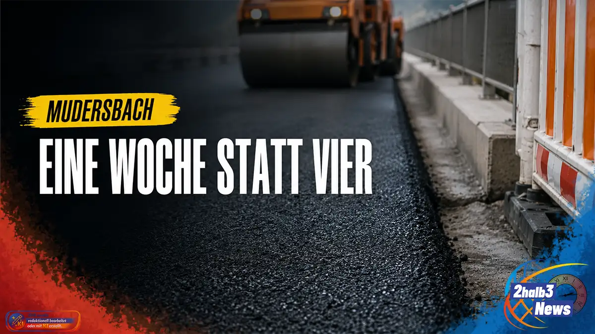 Symbolbild einer anonymen Brückenbaustelle ohne erkennbare Örtlichkeit: Absperrbaken, Baustellenmaterial und eine sanierte Fahrbahn führen über ein nicht näher bestimmbares Brückenbauwerk. Darüber steht in großen weißen Buchstaben „EINE WOCHE STATT VIER“. Ein gelber Balken nennt Mudersbach; orange, blaue und rot-orange Gestaltungselemente greifen den 2halb3-Stil auf.
