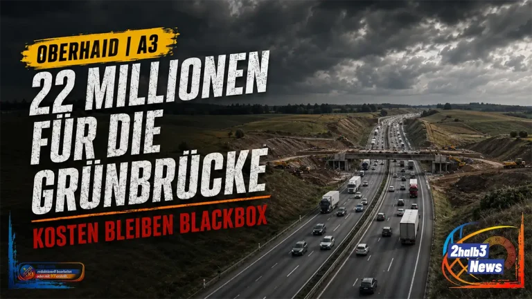Symbolische KI-Visualisierung der A3 bei Oberhaid: Die Autobahn führt durch eine offene Hügellandschaft an einer Baustelle für eine Grünbrücke vorbei. Im Bild stehen die Texte „22 Millionen für die Grünbrücke“ und „Kosten bleiben Blackbox“.