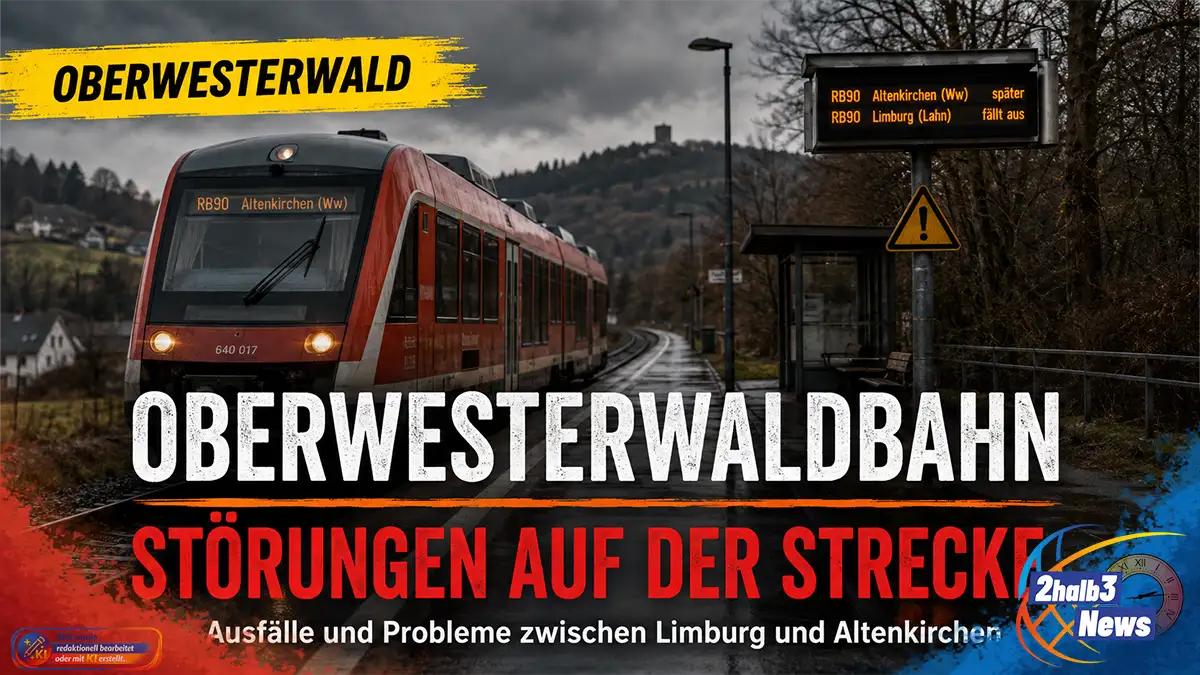 Regionalzug der Oberwesterwaldbahn an einem regennassen Bahnhof. Eine Anzeigetafel weist auf Verspätungen und Zugausfälle zwischen Limburg und Altenkirchen hin. Im Vordergrund steht die Schlagzeile „Oberwesterwaldbahn – Störungen auf der Strecke“.