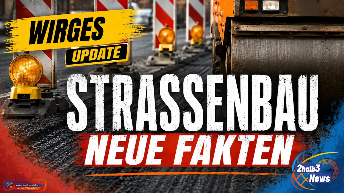 Gebäudefreies Baustellenmotiv mit Asphalt, Absperrbaken und Straßenarbeiten. Auf der Grafik stehen „WIRGES“, „UPDATE“ und der Hinweis auf neue Fakten zu den Straßenbaukosten.