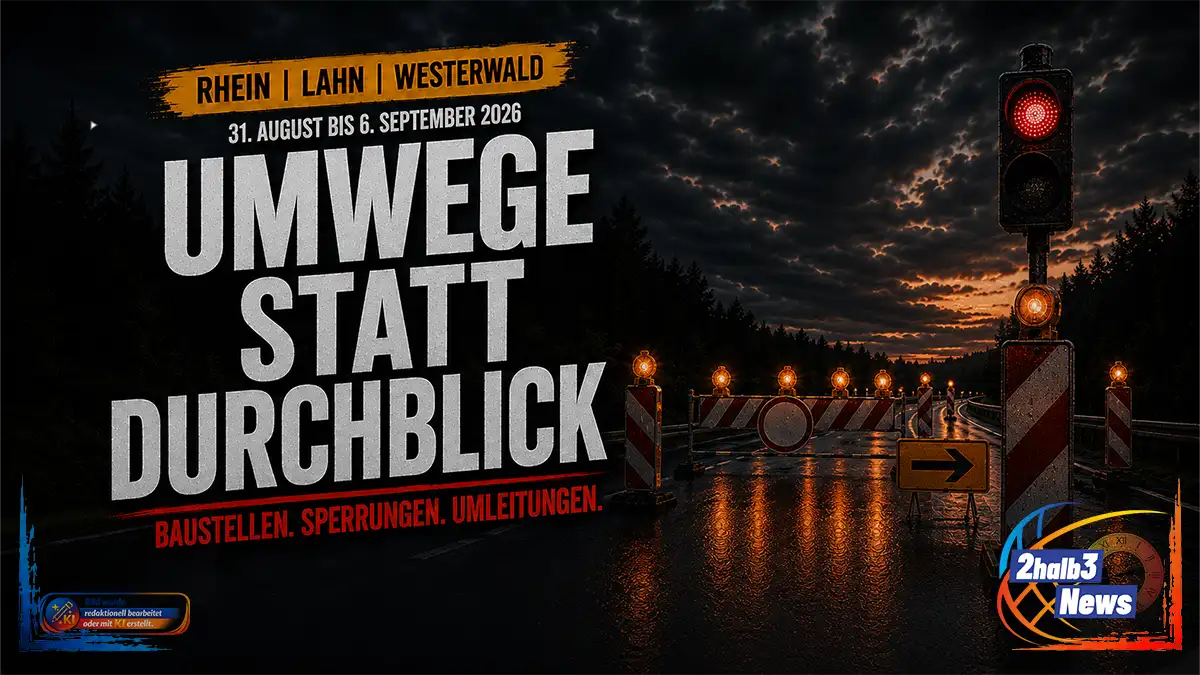 Dunkle Verkehrsgrafik mit nasser, gesperrter Landstraße bei Abenddämmerung. Zu sehen sind Baustellenabsperrungen, ein Umleitungsschild und eine rote Baustellenampel. Gelber Ortsbalken: „Rhein | Lahn | Westerwald“. Darunter: „31. August bis 6. September 2026“. Große weiße Überschrift: „Umwege statt Durchblick“. Rote Zeile: „Baustellen. Sperrungen. Umleitungen.“