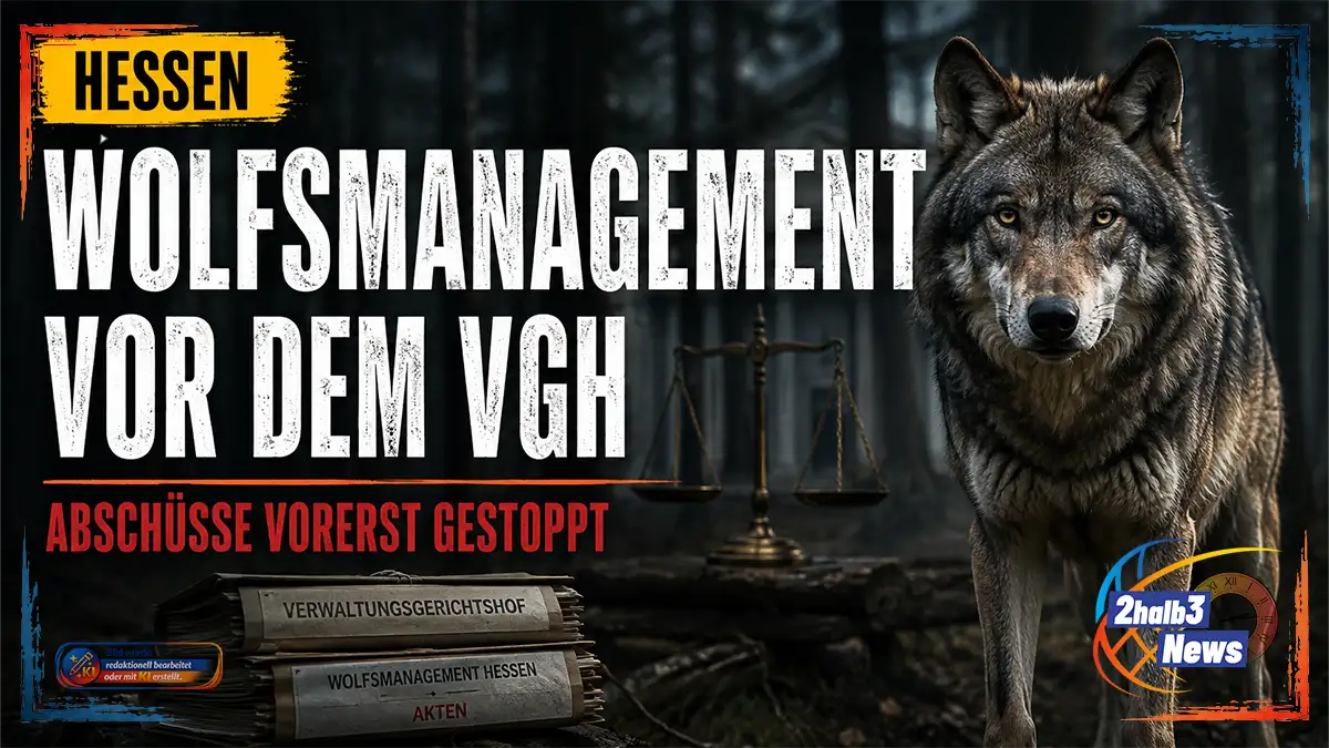 Realistische Nachrichtengrafik zum hessischen Wolfsmanagement: Ein Wolf steht in einem dunklen Wald vor symbolischen Gerichtsakten und einer Waage. Darüber die Schlagzeile „Wolfsmanagement vor dem VGH“, ergänzt durch „Abschuss vorerst gestoppt“ und das Ortslabel „Hessen“.