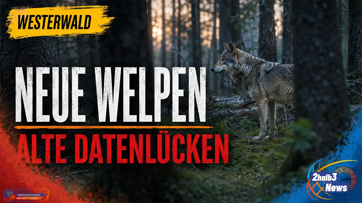 Ein Wolf steht aufmerksam in einer bewaldeten Landschaft. Darüber steht: „Neue Welpen – alte Datenlücken“. Gelbe, blaue und orangefarbene Elemente greifen den 2halb3-Stil auf.