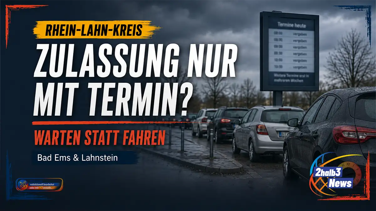 Dunkles, fotorealistisches Nachrichtenmotiv zum Zulassungs-Chaos im Rhein-Lahn-Kreis: Vor einem regnerischen Parkplatz stehen mehrere Autos in einer Warteschlange. Links dominieren die weißen Worte „Zulassung nur mit Termin?“, darunter die rote Akzentzeile „Warten statt fahren“. Ein gelber Pinselbalken nennt den Rhein-Lahn-Kreis; der dunkle Infobalken verweist auf Bad Ems und Lahnstein. Der untere Bereich bleibt frei für Logo und KI-Hinweis.