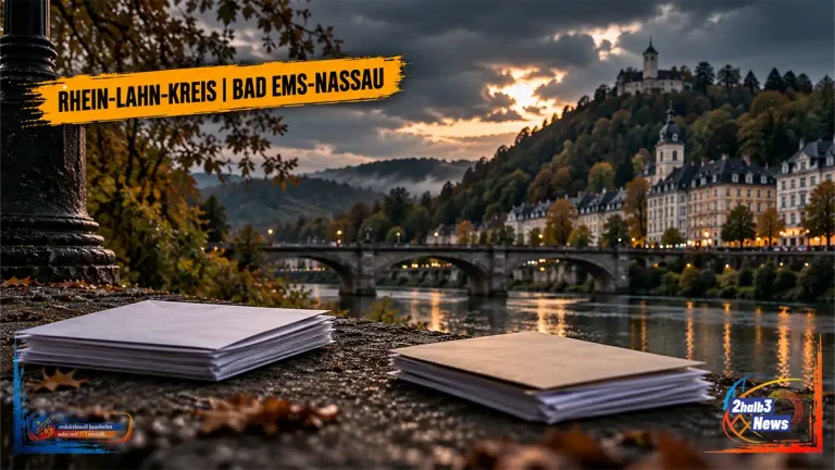KI-generiertes Symbolbild zur Datenpanne in Bad Ems-Nassau: Zwei getrennte Stapel neutraler Briefe liegen vor einer Fluss- und Stadtlandschaft.