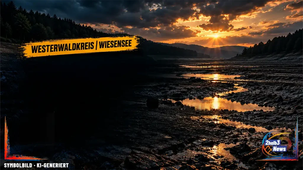 Trockengelegter Wiesensee im Westerwaldkreis bei dramatischem Abendlicht; das 2halb3-Titelbild thematisiert den geplanten Wiederanstau und noch offene Prüfschritte.