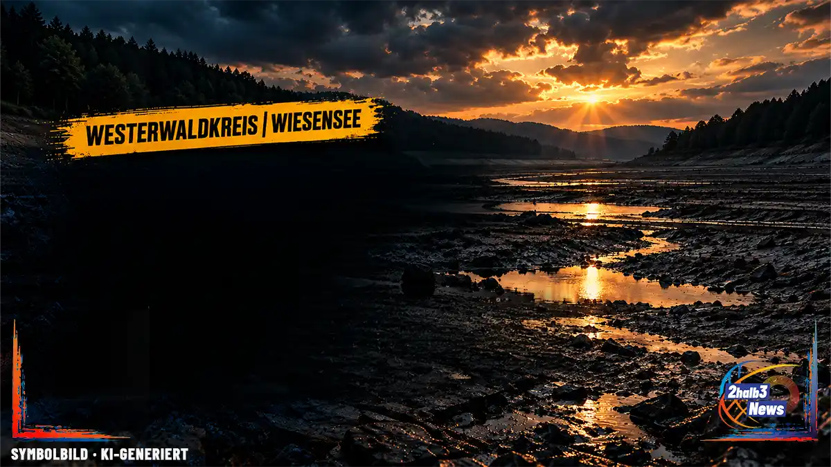 Trockengelegter Wiesensee im Westerwaldkreis bei dramatischem Abendlicht; das 2halb3-Titelbild thematisiert den geplanten Wiederanstau und noch offene Prüfschritte.