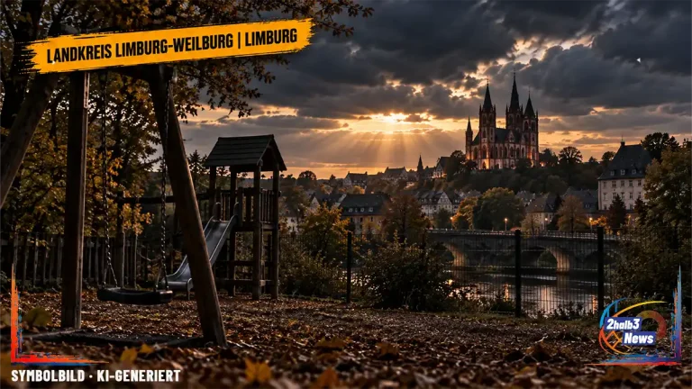 Dunkle Abendansicht von Limburg mit neutralem Kita-Spielplatz im Vordergrund und gelbem Ortsbalken. Das Bild begleitet die Recherche zur Finanzierung katholischer Kitas und zum 101-Millionen-Sparziel des Bistums Limburg.