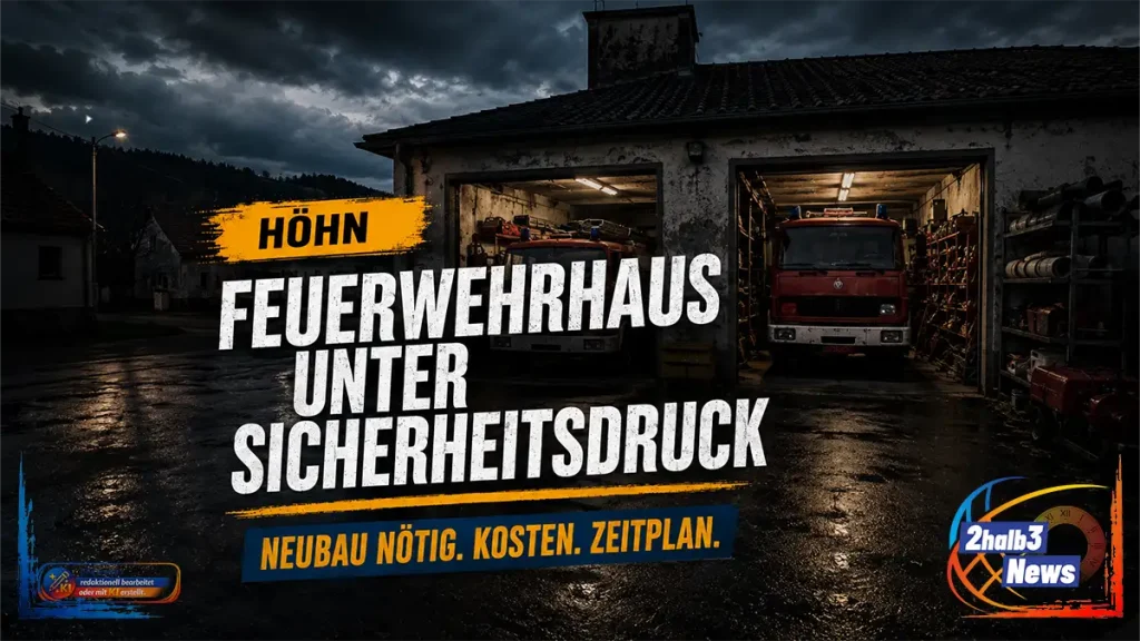 Feuerwehrhaus in Höhn bei Dunkelheit: Zwei Einsatzfahrzeuge stehen eng in einer alten Fahrzeughalle. Grafik zum geplanten Neubau und Sicherheitsmängeln.