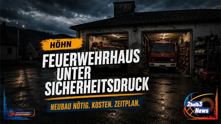 Feuerwehrhaus in Höhn bei Dunkelheit: Zwei Einsatzfahrzeuge stehen eng in einer alten Fahrzeughalle. Grafik zum geplanten Neubau und Sicherheitsmängeln.