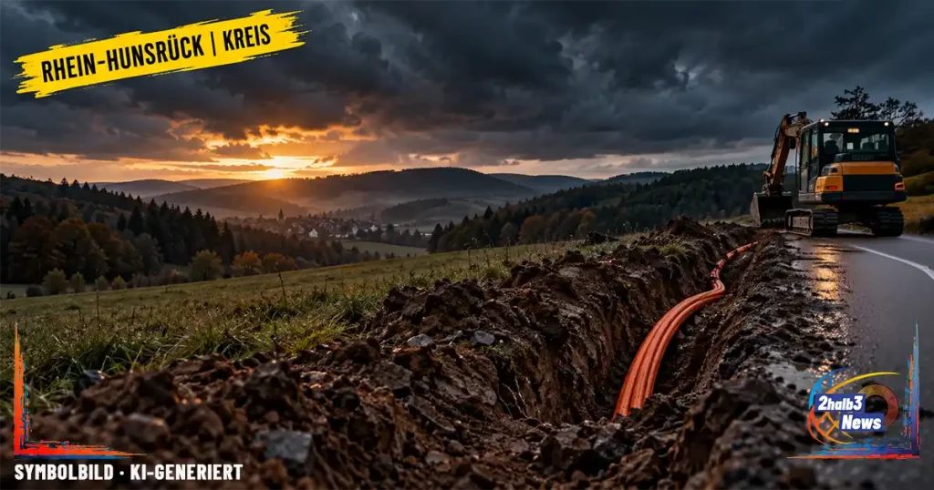 Symbolisches, fotorealistisches Glasfaser-Baustellenmotiv für den Rhein-Hunsrück-Kreis. Thema sind der geförderte Ausbau und Auszahlungen bis 2028.