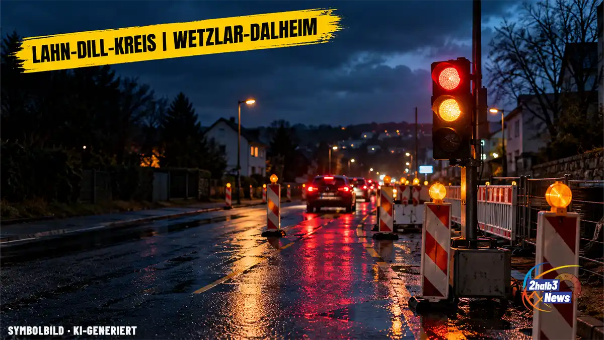 Symbolbild einer Baustellenampel vor einem einspurigen Straßenabschnitt in Wetzlar-Dalheim bei dämmerigem Wetter.