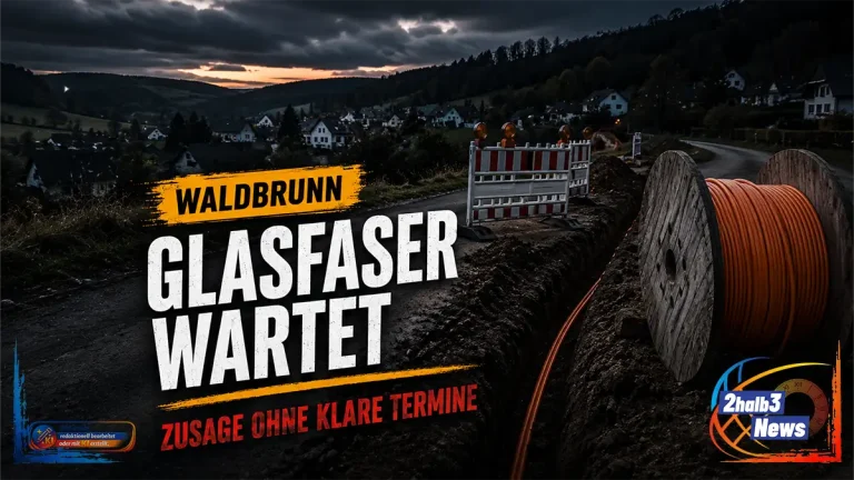 Glasfaser-Baustelle in einer Westerwald-Ortslage bei Dämmerung: Kabeltrommel, Leerrohre und Absperrung stehen für den verzögerten Ausbau in Waldbrunn.