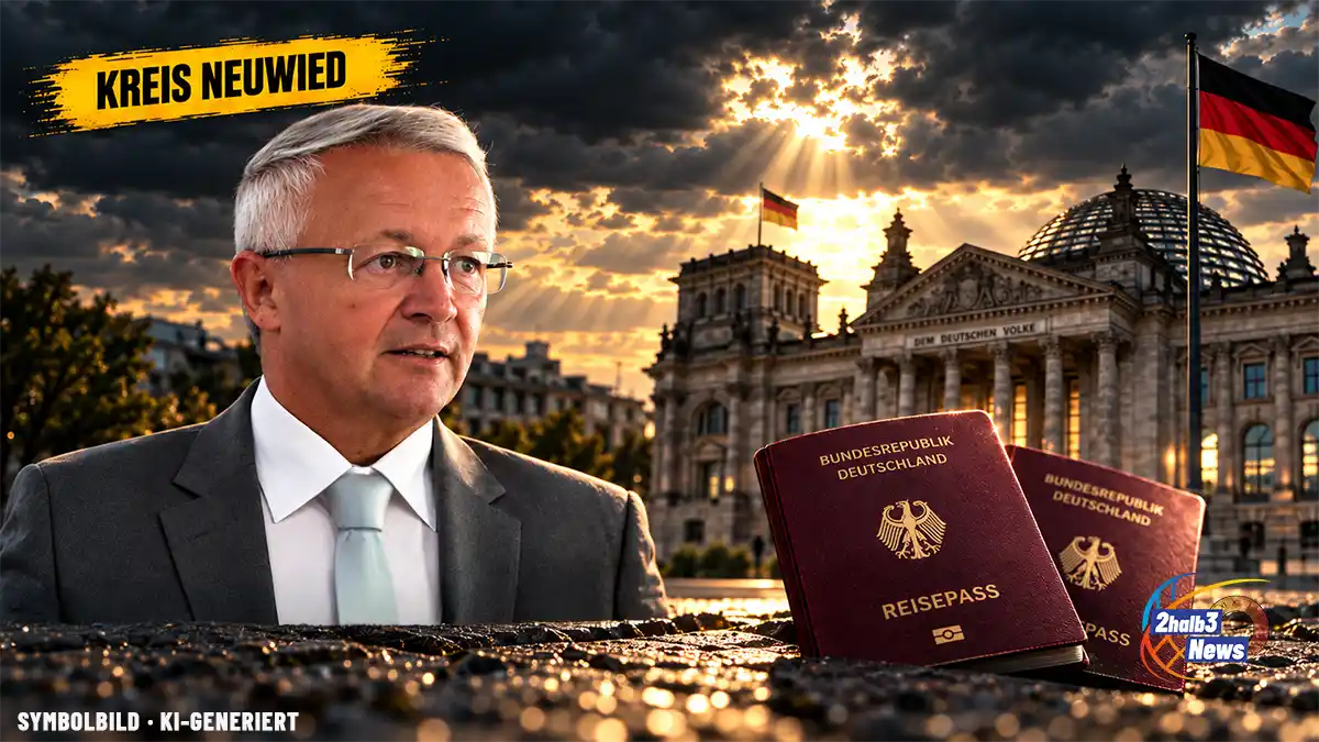 Achim Hallerbach vor dem Reichstag mit deutschen Reisepässen als Symbol für die Debatte um doppelte Staatsbürgerschaft; gelber Ortsbalken „Kreis Neuwied“.