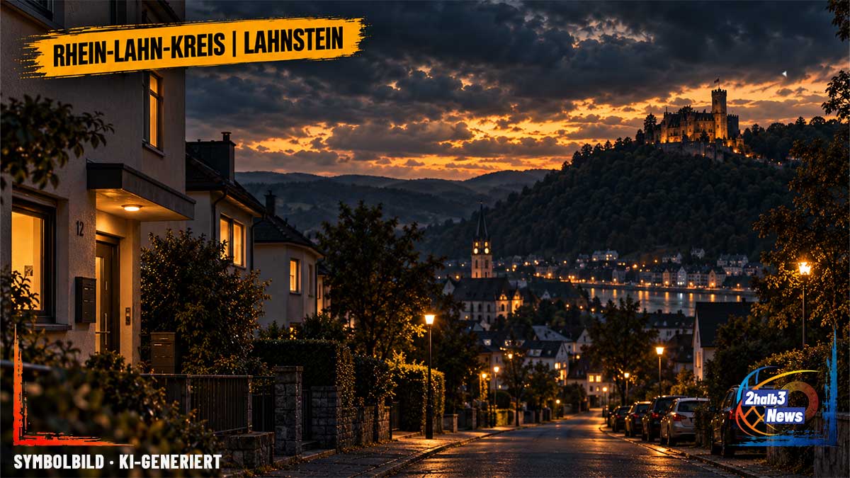 Dunkle symbolische Wohnszene in Lahnstein mit Mehrfamilienhäusern in der Dämmerung. Oben links gelber Ortsbalken „Rhein-Lahn-Kreis | Lahnstein“.