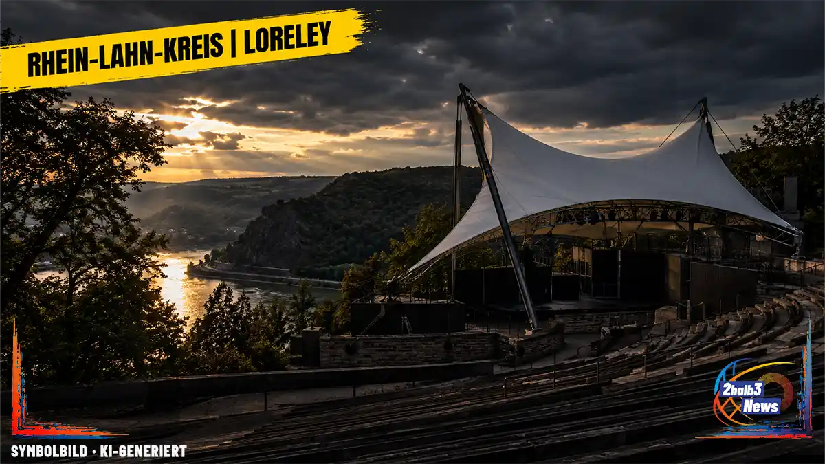 Dunkle, realistische Ansicht der Loreley-Freilichtbühne mit der 2017 errichteten markanten Membranüberdachung. Die journalistische Gestaltung thematisiert die gerichtlich festgestellten Mängel der Jahre 2017 bis 2019 und offene Fragen zum heutigen Zustand vor der BUGA 2029. Die Darstellung behauptet keinen aktuellen Schaden.