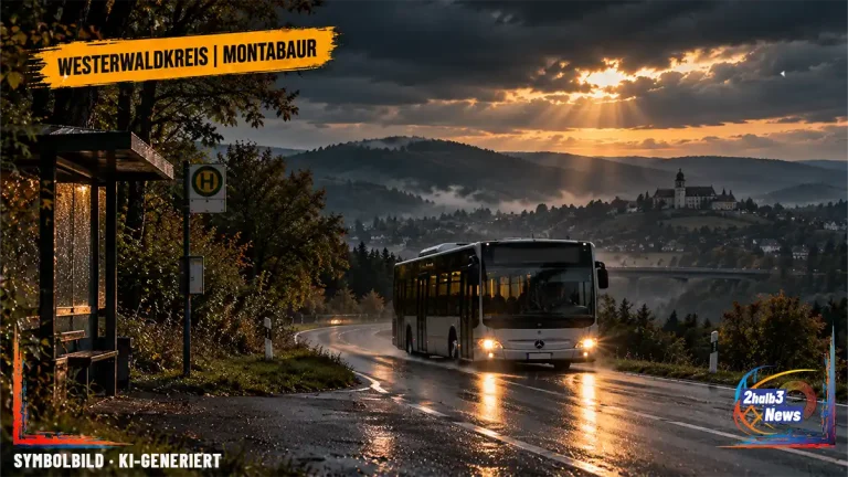 Symbolisches dunkles Motiv eines neutralen Linienbusses auf einer nassen Straße im Westerwald. Oben links steht „Westerwaldkreis | Montabaur“.