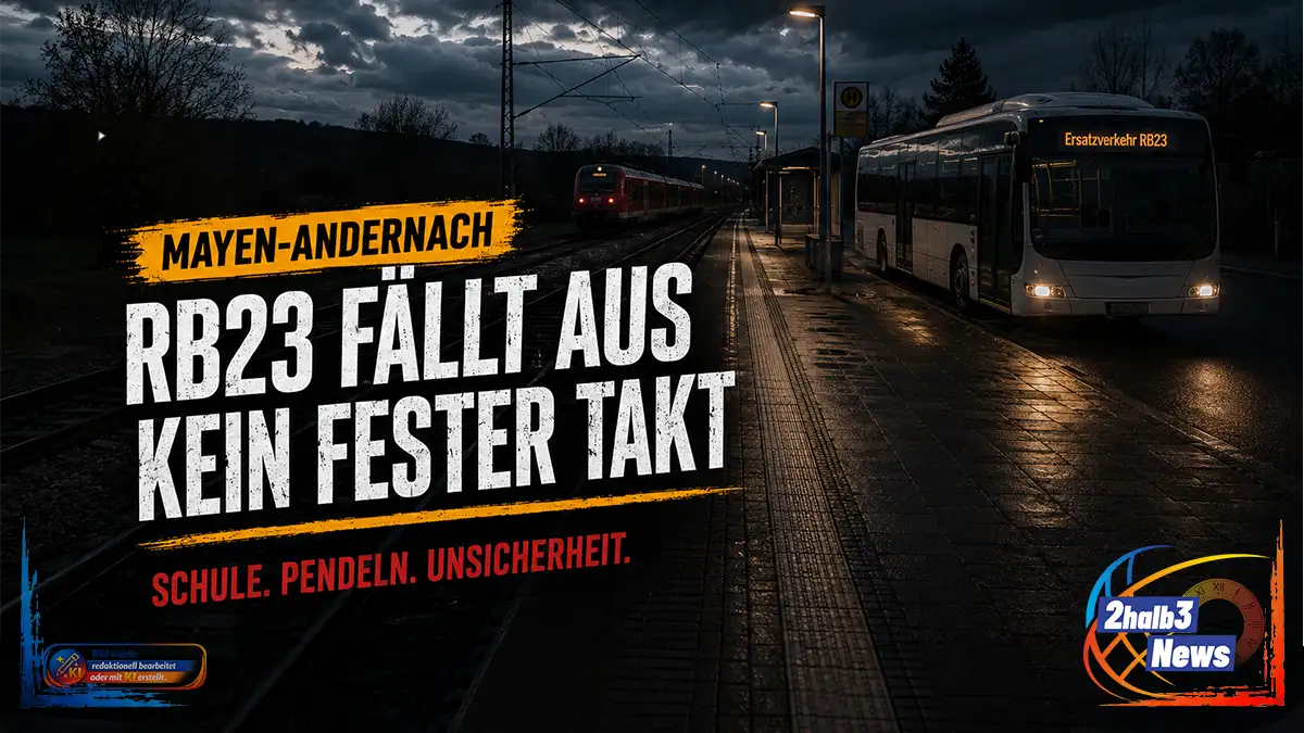 Dunkle Symbolgrafik zur RB23-Störung: Ein Regionalzug und ein Ersatzbus stehen an einem regennassen, nicht elektrifizierten Bahnsteig. Text: „Mayen-Andernach – RB23 fällt aus, kein fester Takt“.
