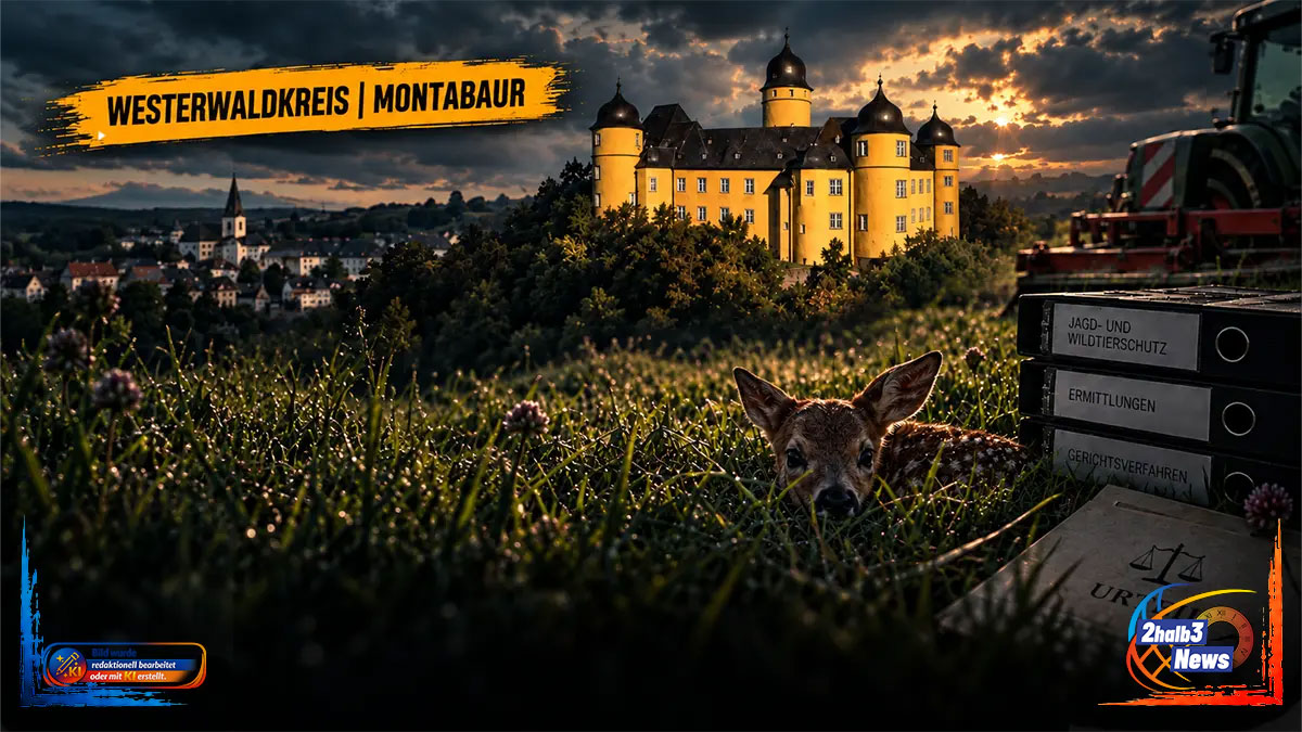 Dramatische 2halb3-Grafik zum Rehkitz-Fall in Montabaur mit Schloss Montabaur, Rehkitz im Gras, Mähtechnik und Gerichtsakten. Die Grafik thematisiert den Freispruch eines Landwirts und die Beweisprobleme beim Kitzschutz vor der Mahd.