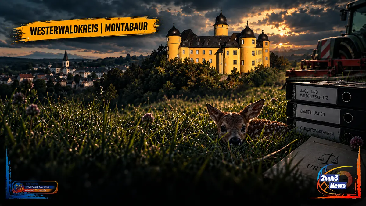 Dramatische 2halb3-Grafik zum Rehkitz-Fall in Montabaur mit Schloss Montabaur, Rehkitz im Gras, Mähtechnik und Gerichtsakten. Die Grafik thematisiert den Freispruch eines Landwirts und die Beweisprobleme beim Kitzschutz vor der Mahd.