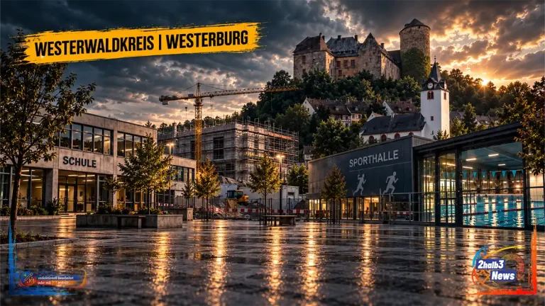 Illustrative 16:9-Grafik zum Schul- und Sportneubau in Westerburg mit Ortsbalken „Westerwaldkreis | Westerburg“, Schulgebäude, Sporthalle, Schwimmbad, Baustelle und Westerburger Stadtsilhouette.